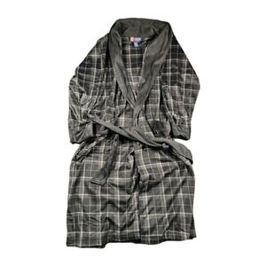 Chaps Mens Black Gray Plaid Fleece Robe Shawl Collar Belted OSFM‎